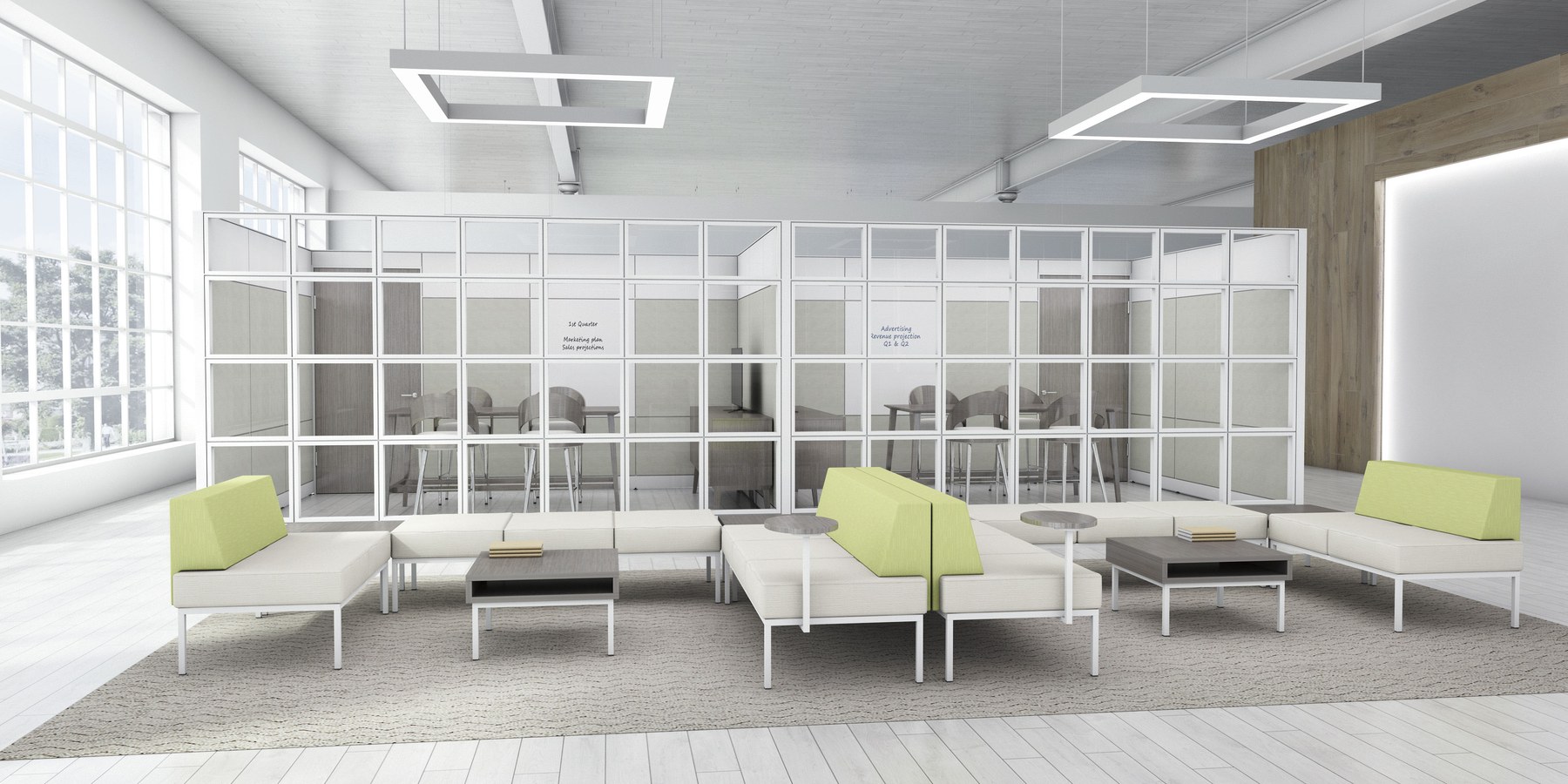 Global Evolve panel system with glass sections creating private work rooms