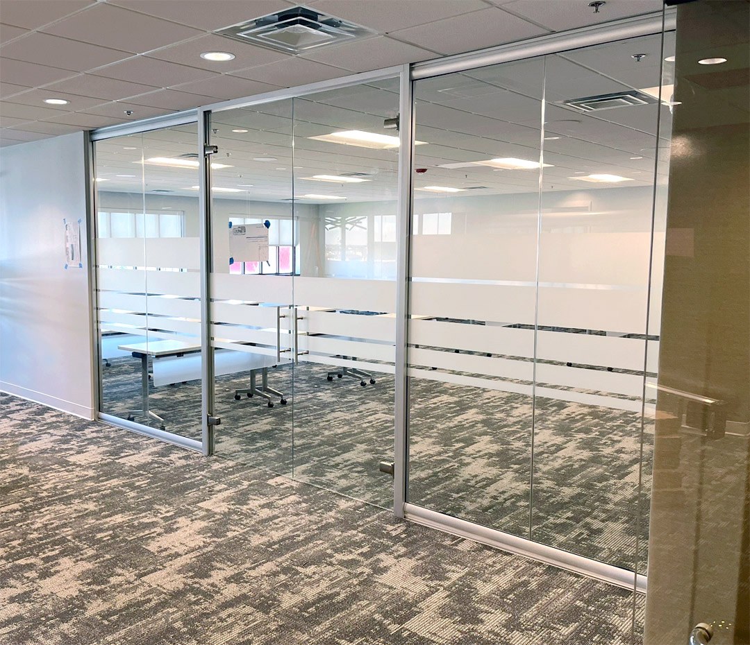 Glass office wall partition with privacy film, framed system