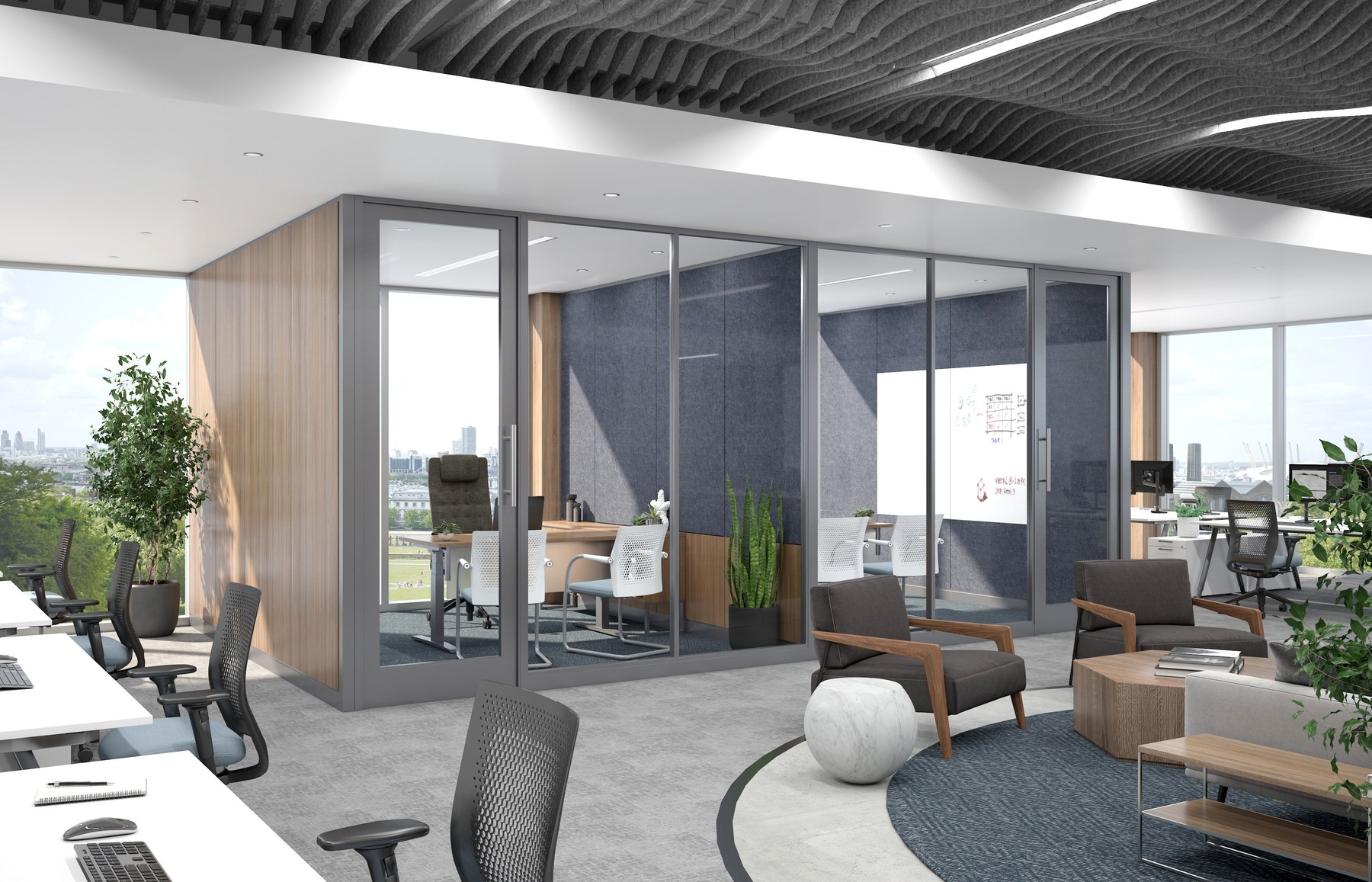 Fellowes Volo glass wall system with patterned acoustic glazing for sound control